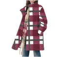 thumbnail image 1 of Womens Fleece Plaid Jacket with Pockets Fuzzy Flannel Button Down Stand Collar Winter Outerwear Long Coat (L, Wine), 1 of 7