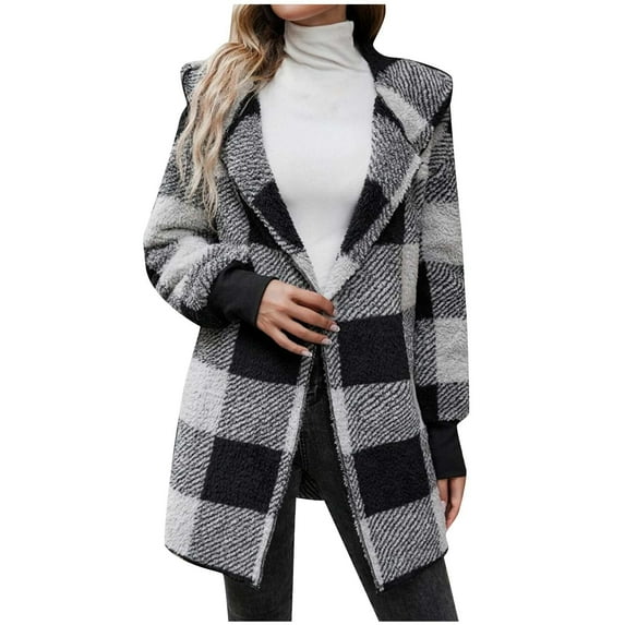 Womens Fleece Plaid Jackets Winter Warm Collar Lapel Open Front Sherpa Shacket Outwear Coats with Pockets,Black 1,L