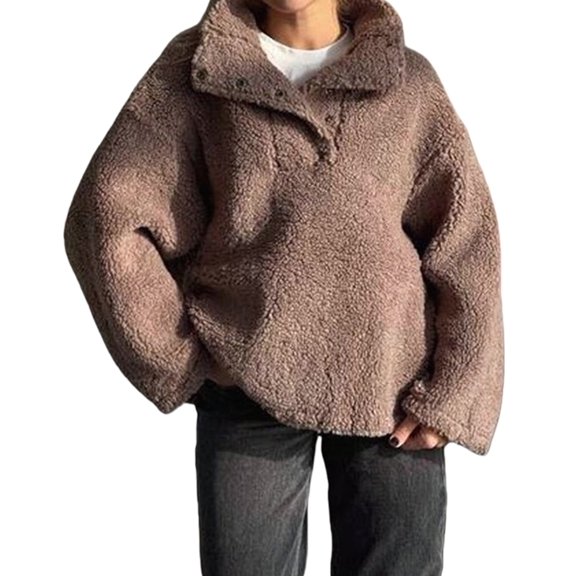 Womens Fleece Pullover Casual Fleece Jacket Fuzzy Sweaters Cute Winter Jackets Dark Brown S