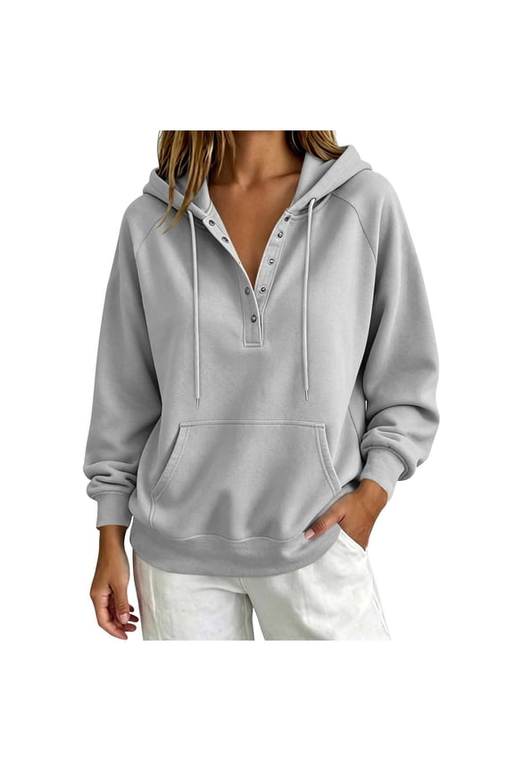 Womens Fleece Pullover, Quarter Snap Button Hoodie for Women Soft Lightweight Drawstring Fall Casual Loose Long Sleeve Hoodie with Pockets