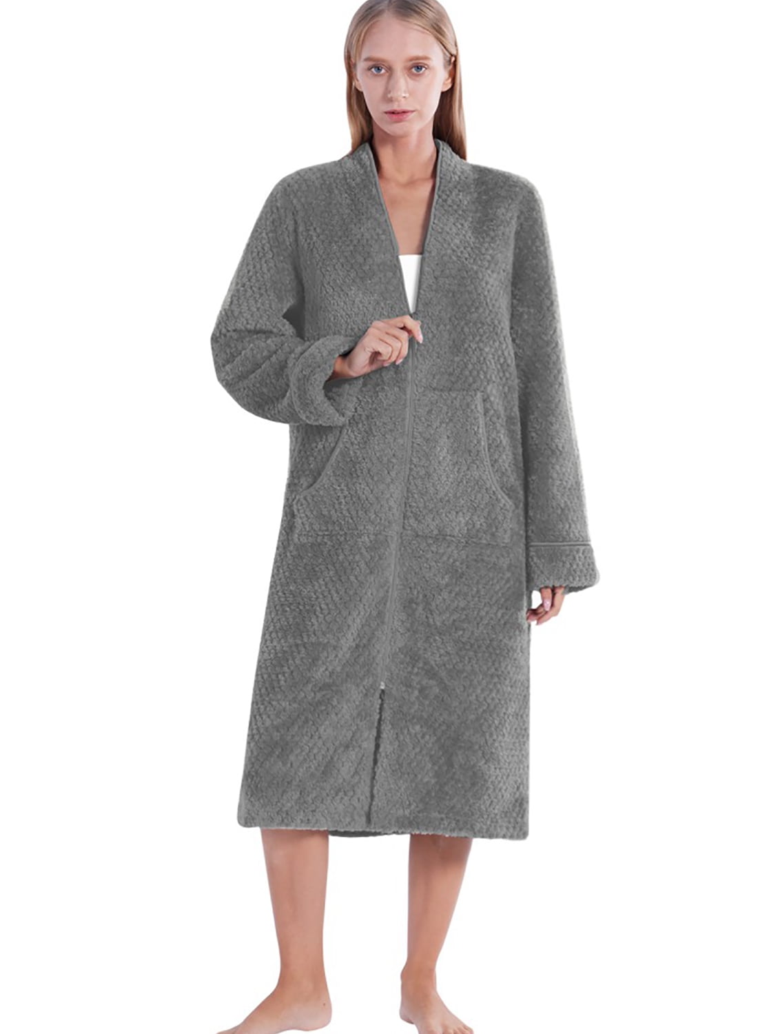 Womens Fleece Robe Plush Zip Front Bathrobe With Pockets Warm Soft Zippered Knee Length 