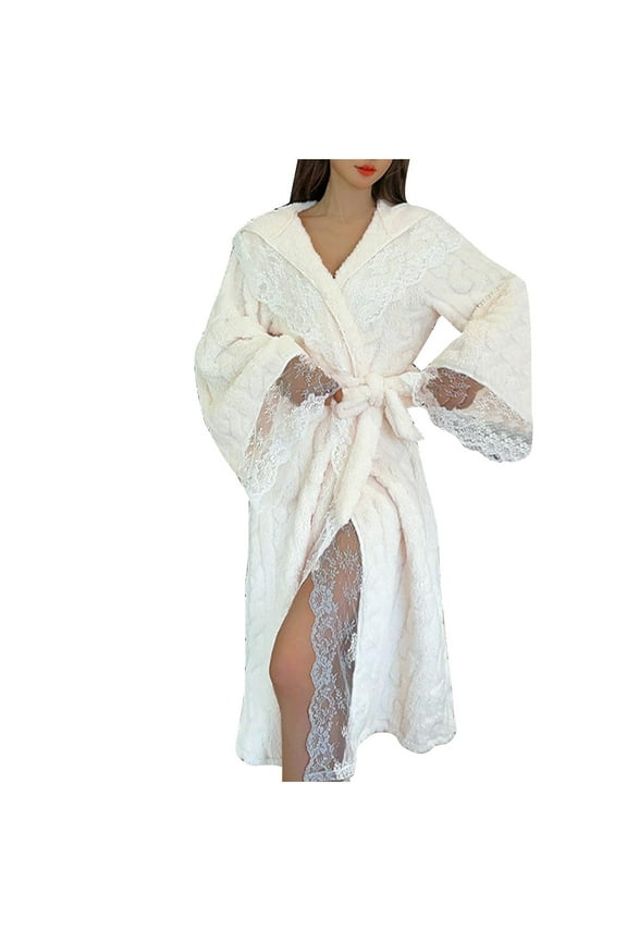 Womens Fleece Robes Clearance!Solid Color Lace Color Blocking Plush Robes Cloud Bathrobe Pajamas Winter Loose Warm Thickened Long Nightgown Loungewears
