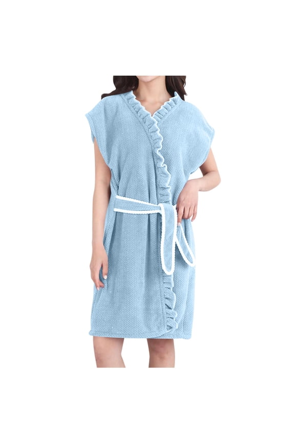 Womens Fleece Robes Fashion Ruffle Trim Sleeveless Spaghetti Strap Bathrobes Quick Dry Thermal Thick Plush Bath Robe for Spa & Shower