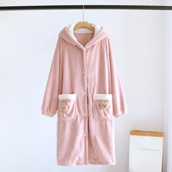 Womens Fleece Robes Long Button up Bathrobe Cute Bear Fall Winter Warm Soft Nightgown with Pockets New Bathrobe for Women Lightweight Soft Pinky M