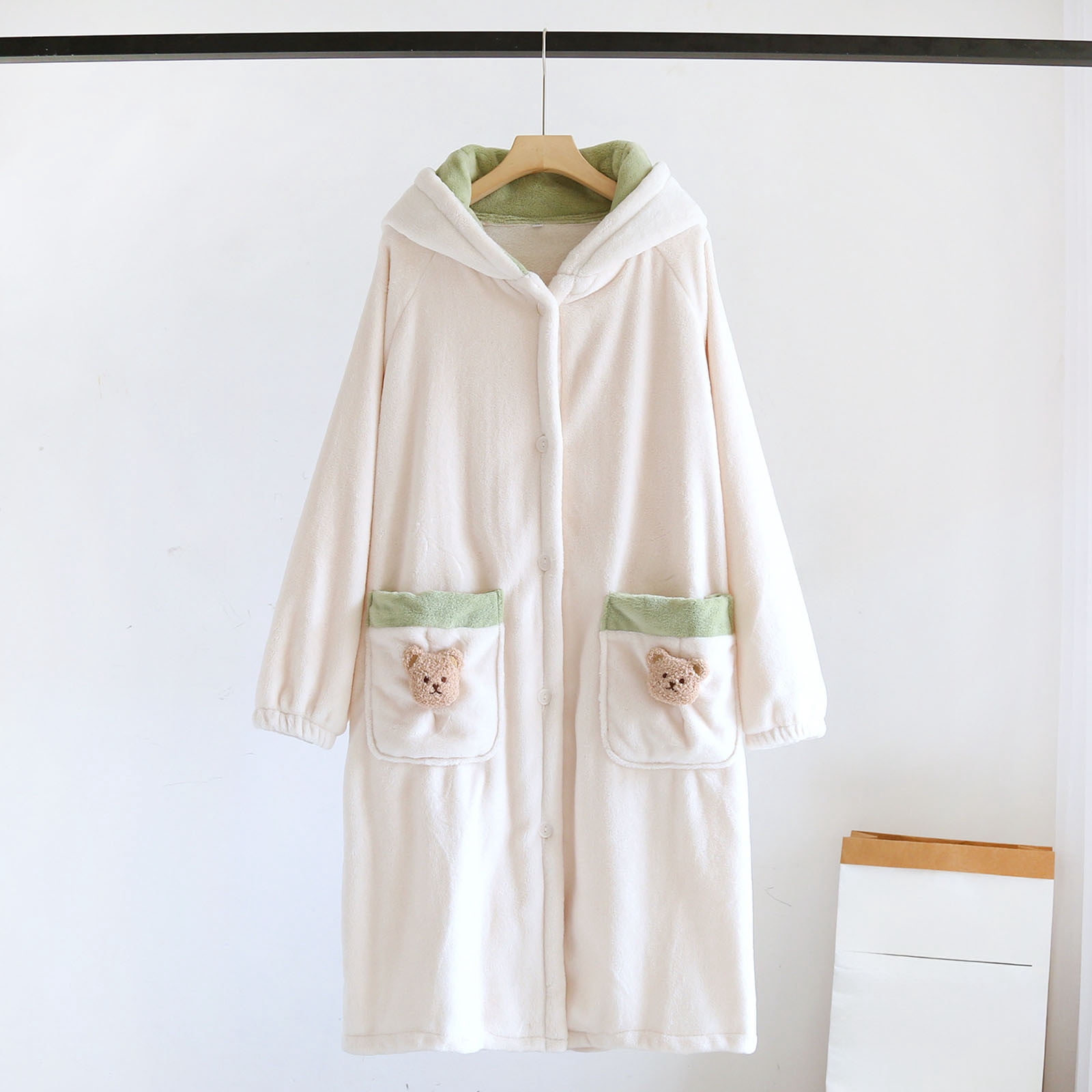 Womens Fleece Robes Long Button up Bathrobe Cute Bear Fall Winter Warm ...