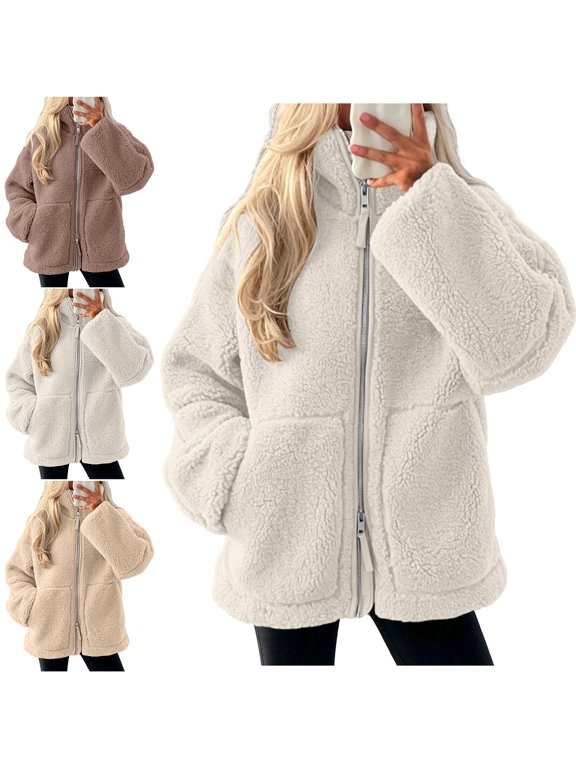 Womens Fleece Shacket Sherpa Oversized Stand Collar Full-Zip Coat with Large Patch Pockets