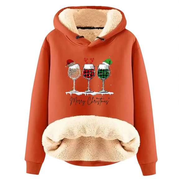 Womens Sherpa Sweatshirt Christmas Printed Long Sleeve Hooded Thick Warm Hoodies for Winter Thermal Pullover Sweatshirt Z1-Orange M