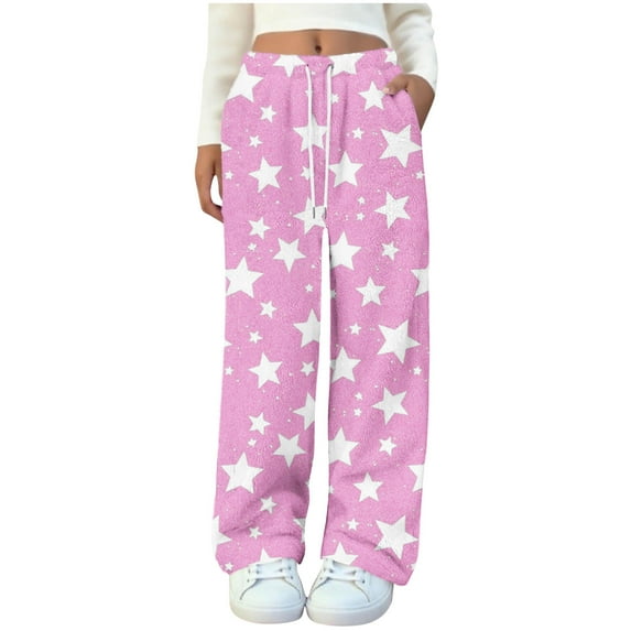 Womens Fleece Sleep Pajamas Pants Star Wide Leg Flannel Sleepwear Pants Winter Soft Lounge Trousers Pjs Pink, S