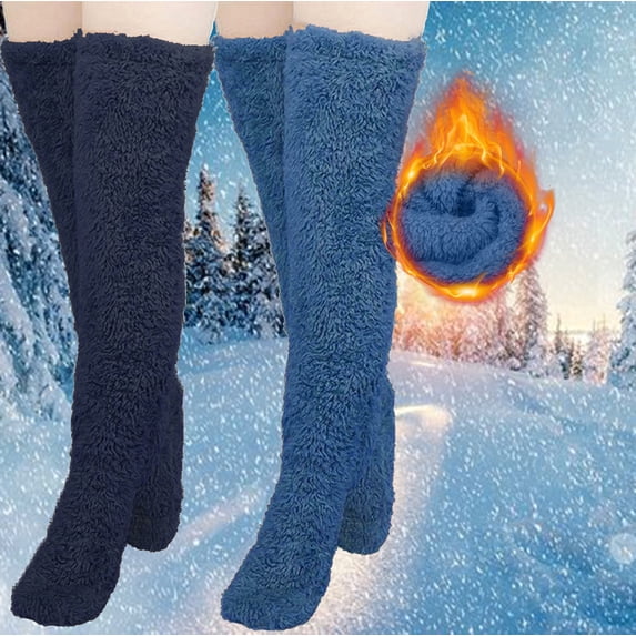 Womens Fleece Slipper Socks 2 Packs Casual Thigh-High Solid Thermal Warm Homewear Over the Knee Slouch Long Fuzzy Sock Christmas Gifts Clearance