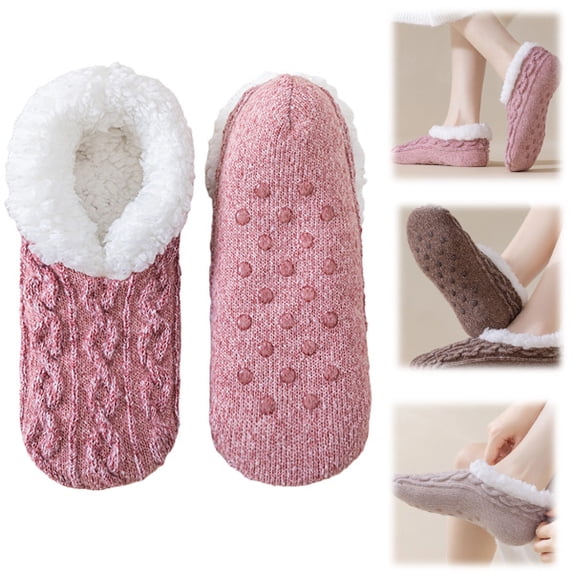 Womens Fleece Slipper Socks Thick Knitted Fuzzy Lined Socks Winter Non-Slip Home Floor Slippers with Grippers (Pink)