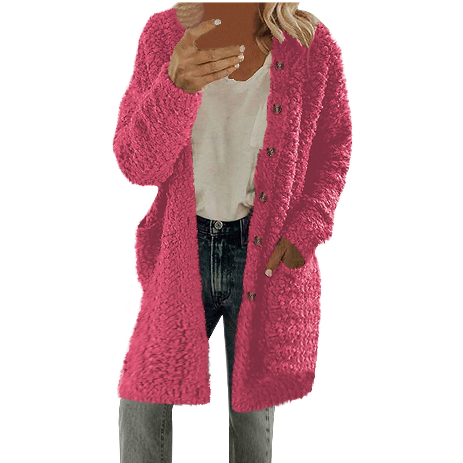 Womens Fleece Sweater Jacket Mid Length Casual Warm Sherpa Faux-fur ...