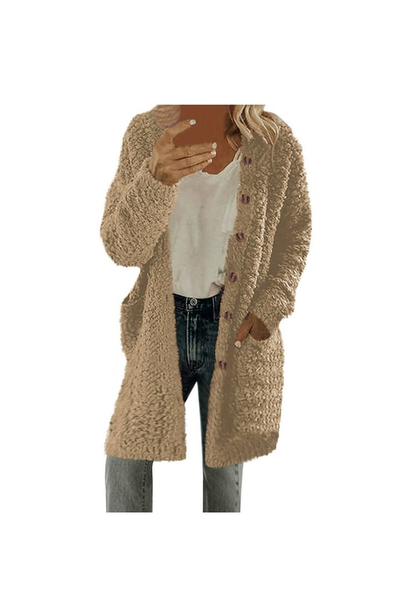 Womens Fleece Sweater Jacket Mid Length Casual Warm Sherpa Faux-fur Button Down Winter Cardigan Coat with Pockets (XL, Khaki)