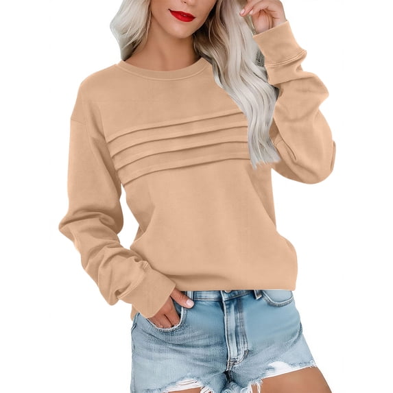 Womens Fleece Sweatshirt Crewneck Long Sleeve Pleated Front Shirts Lightweight Loose Fit Pullover Tops Fall Fashion Sweatshirts Outfits