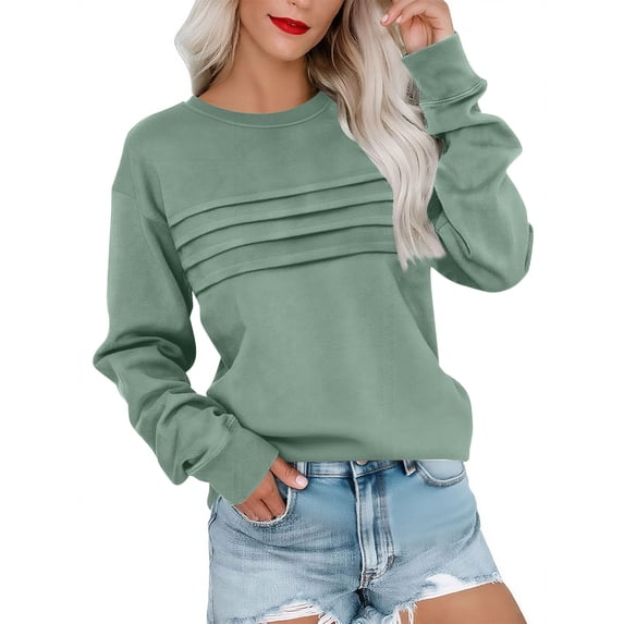 Womens Fleece Sweatshirt Crewneck Long Sleeve Pleated Front Shirts Lightweight Loose Fit Pullover Tops Fall Fashion Sweatshirts Outfits