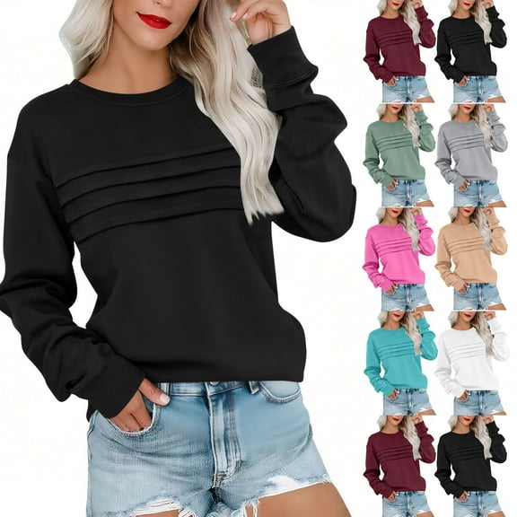 Womens Fleece Sweatshirt Crewneck Long Sleeve Pleated Front Shirts Lightweight Loose Fit Pullover Tops Fall Fashion Sweatshirts Outfits