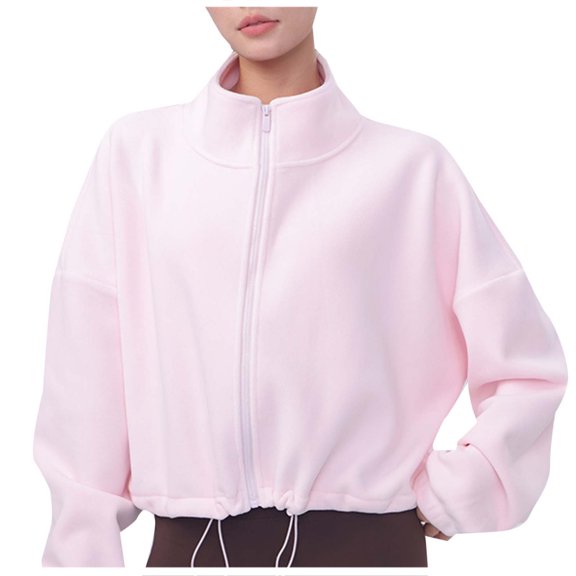 Womens Fleece Sweatshirt Full Zip Crop Jackets with Drawcord Stand Collar Long Sleeve Athletic Workout Outfits (XL, Pink)