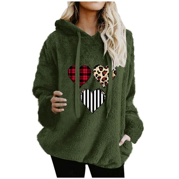 Womens Fleece Sweatshirts Cute Heart Printed Hoodies Long Sleeve Sherpa Crewneck Velvet Hoodie Winter Warm Hooded Pullover Outwears with Pockets
