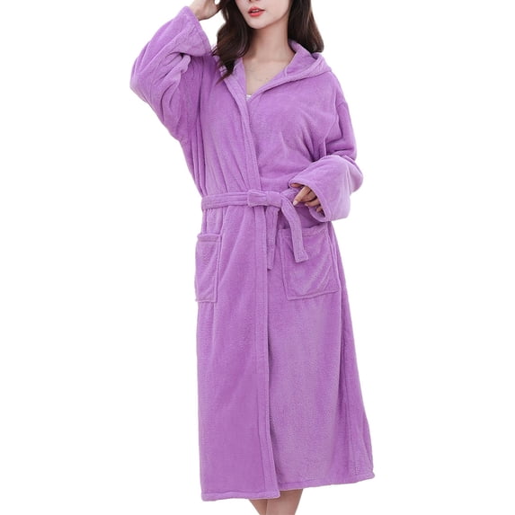 Womens Fleece Thermal Long Bathrobe Drawstring Adjustable Open Front Nightgown Loungewear Relaxed Fit Velvet Knit Sweater Blouses Comfort Casual Pajama with Double Pockets