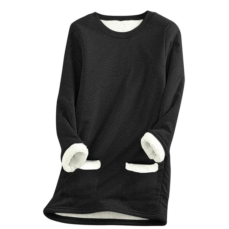 Womens Fleece Tops with No Hood Winter Thermal Long Sweatshirts Simple Cozy Soft Round Neck Pullover with Pockets Walmart
