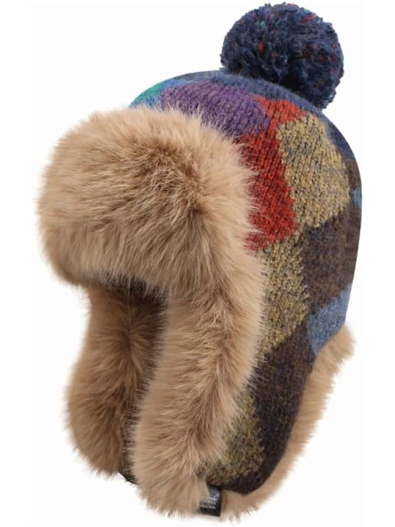 Womens Fleece Trapper Hat with Ear Flap Plaid Thicken Skull Cap Casula Beanies Hat Slouchy Winter Hats Windproof Ski Cap