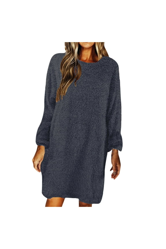 Womens Fleece Tunic Pullover Fuzzy Long Sherpa Sweatshirts Dress Long Sleeve Oversized Warm Fluffy Pullover Dress Tops