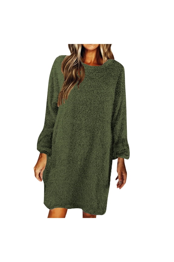 Womens Fleece Tunic Pullover Fuzzy Long Sherpa Sweatshirts Dress Long Sleeve Oversized Warm Fluffy Pullover Dress Tops