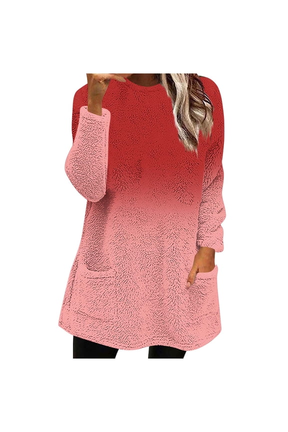 Womens Fleece Tunic Tops, Hoodies for Women Fall Winter Warm Sherpa Hooded Long Sleeve Pullover with Pockets