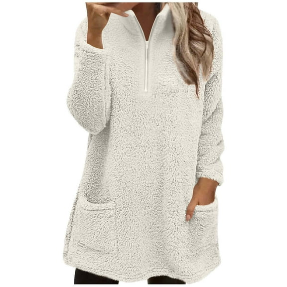 Womens Fleece Tunic Tops, Zip Up Sweatshirt for Women Fall Winter Warm Sherpa V Neck Long Sleeve Pullover with Pockets