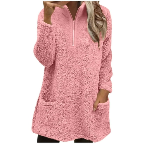 Womens Fleece Tunic Tops, Zip Up Sweatshirt for Women Fall Winter Warm Sherpa V Neck Long Sleeve Pullover with Pockets