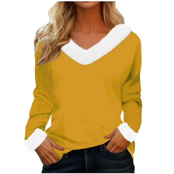 Womens Fleece V Neck Long Sleeve Shirts Casual Loose Pullover Tunic Tops Cute Holiday Fall Clothes