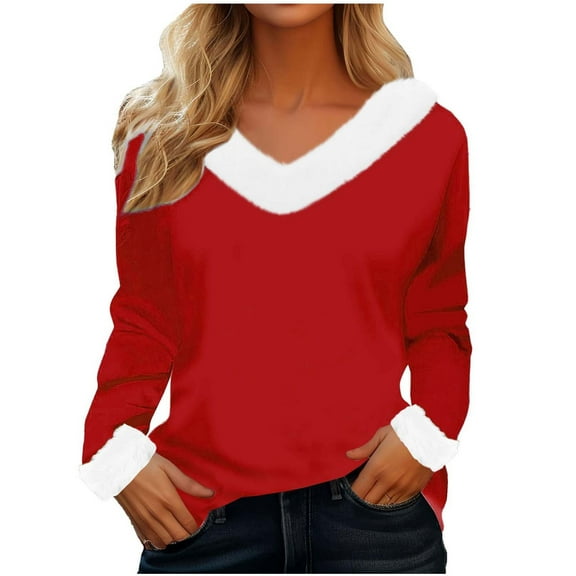 Womens Fleece V Neck Long Sleeve Shirts Casual Loose Pullover Tunic Tops Cute Holiday Fall Clothes