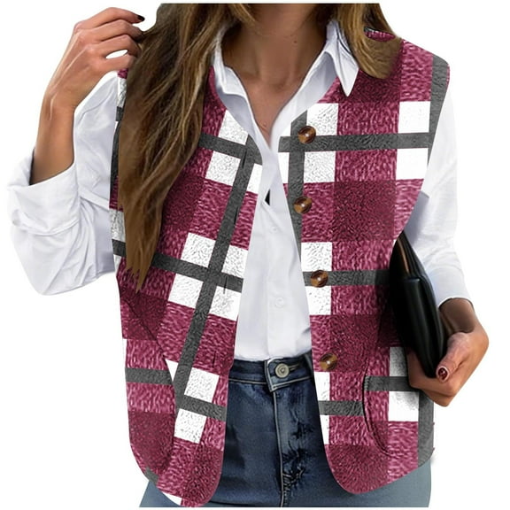 Womens Fleece Vest Casual Sleeveless Sherpa Jacket with Pockets Button Down Fuzzy Outerwear Trendy Color Block Shirts