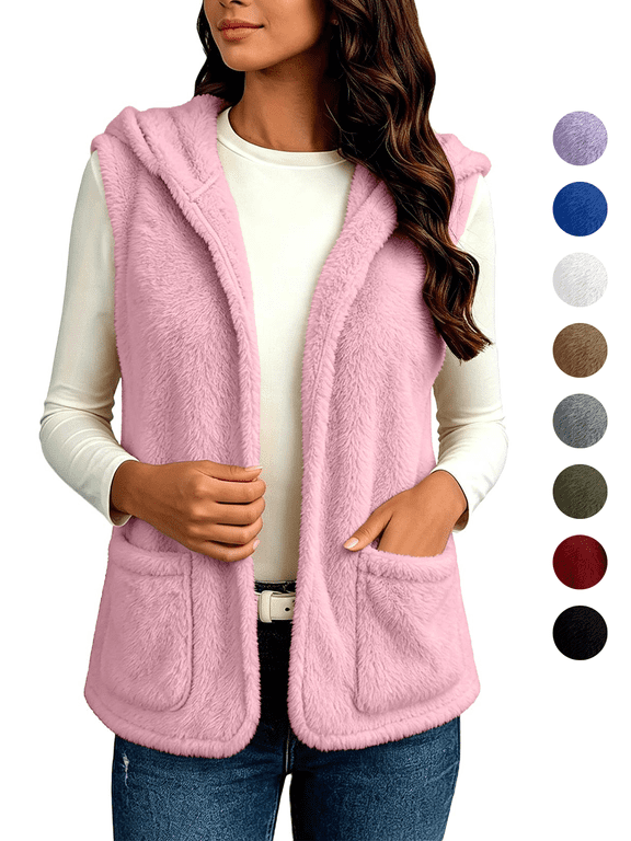 Womens Fleece Vest Fall Winter Casual Sleeveless Hooded Cardigan Vests with Pockets Solid Color Warm Comfy Outerwear,Sizes S-3XL