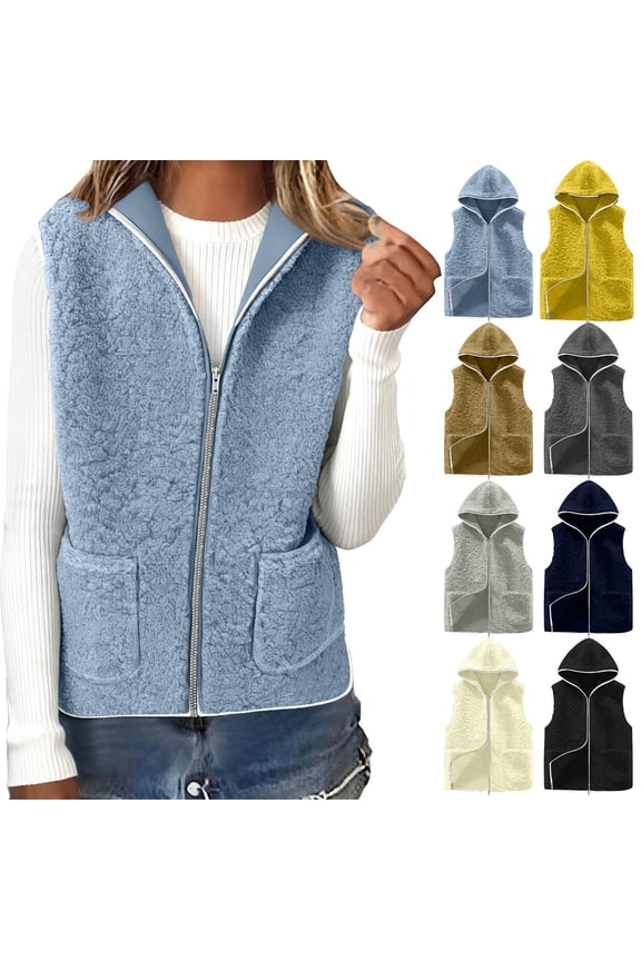 Womens Fleece Vest Hooded Sleeveless Gilet Casual Loose Warm Button Solid Color Down Sherpa Vest Jacket with Pockets