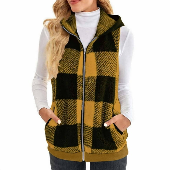 Womens Fleece Vest Plaid Casual Sleeveless Hoode Jacket Outerwear Vests Coat with Pockets Womens Fall Fashion 2025 (XL, Yellow)