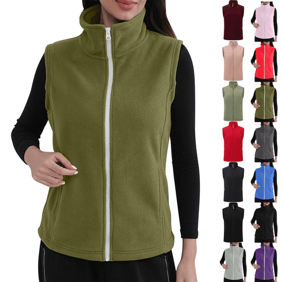 Womens Fleece Vest Sleeveless Lightweight Polar Stand Collar Zip Up Jacket Winter Warm Comfy Gilet for Layering Fall Casual with Pockets