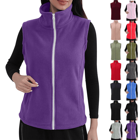 Womens Fleece Vest Sleeveless Lightweight Polar Stand Collar Zip Up Jacket Winter Warm Comfy Gilet for Layering Fall Casual with Pockets