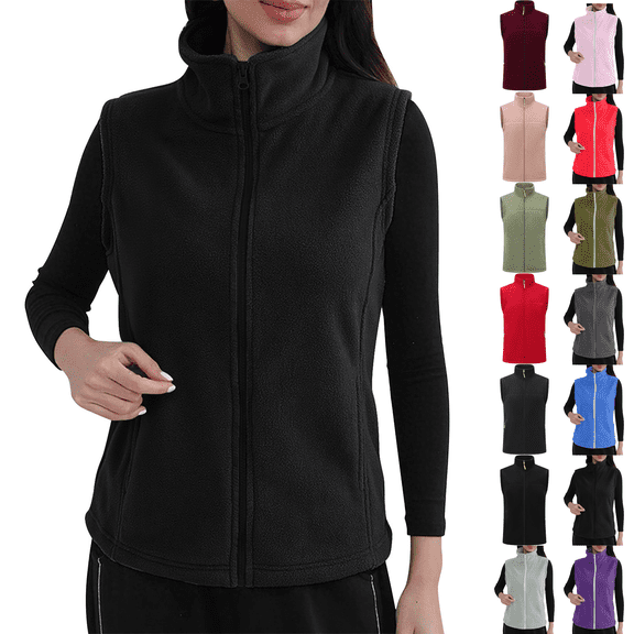 Womens Fleece Vest Sleeveless Lightweight Polar Stand Collar Zip Up Jacket Winter Warm Comfy Gilet for Layering Fall Casual with Pockets
