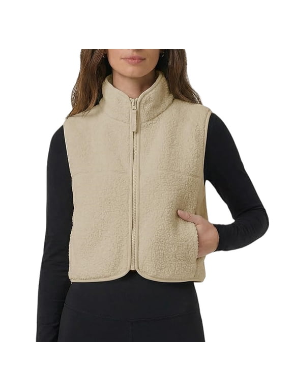 Womens Fleece Vest Stand Collar Fuzzy Zip Up Loose Fit Cropped Jacket Fall‑Winter Sleeveless Layering Vest with Pockets, S