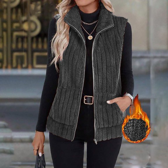 Womens Fleece Vests Casual Stand Collar Zip up Sleeveless Jacket Fashion Fall Outfits Warm Fuzzy Outerwear with Pockets New Casual Outerwear for Women Dark Gray XL