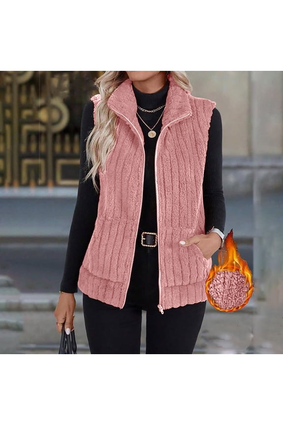 Womens Fleece Vests Casual Stand Collar Zip up Sleeveless Jacket Fashion Fall Outfits Warm Fuzzy Outerwear with Pockets New Oversized Vests for Women Plus Size Pinky S