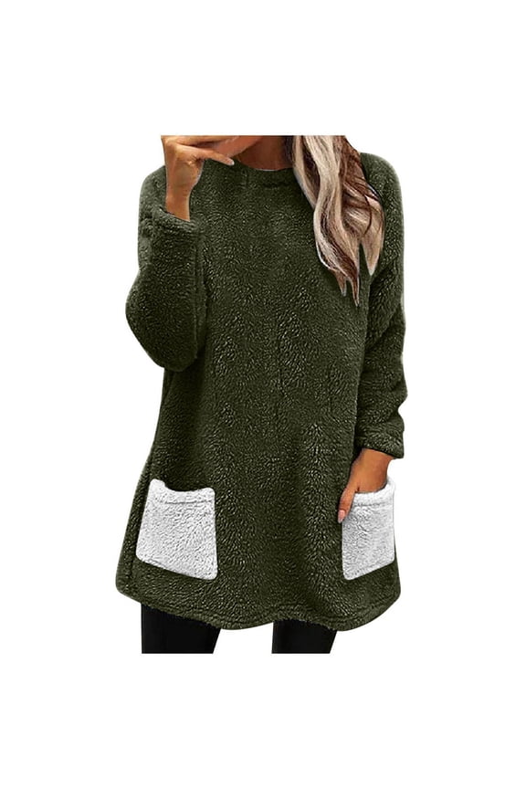 Womens Fleece Warm Winter Clothes Casual Long SLeeve Baggy Tunic Tops Oversize Color Block Pullover for 2024 Going Out