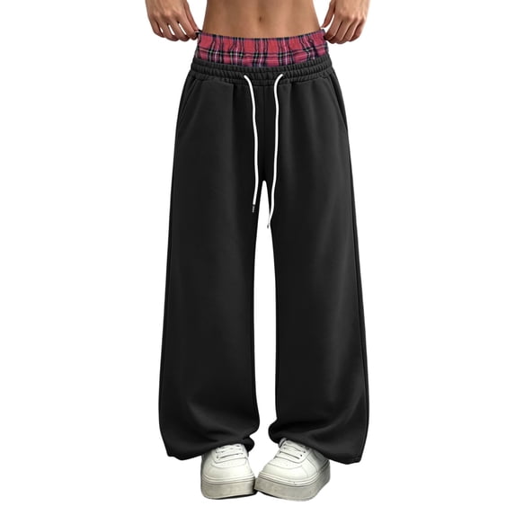 Womens Fleece Wide Leg Sweatpants Layered Drawstring Waist Patchwork Pants Casual Fashion Black M