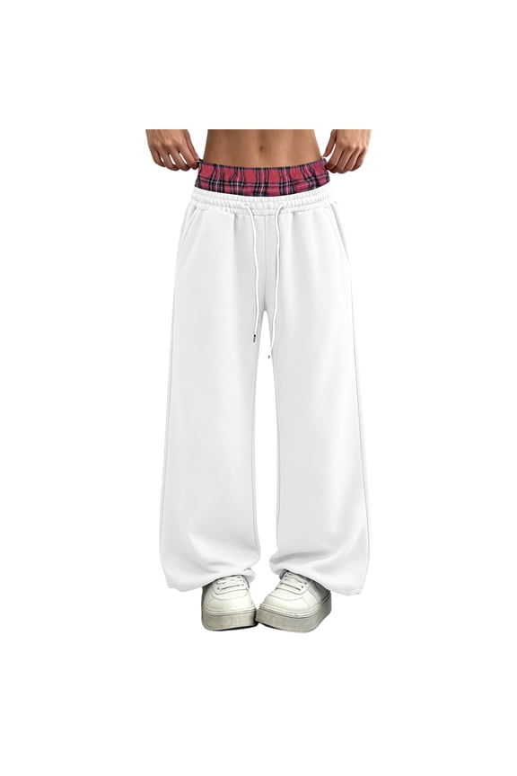 Womens Fleece Wide Leg Sweatpants Layered Drawstring Waist Patchwork Pants Casual Fashion White 2XL