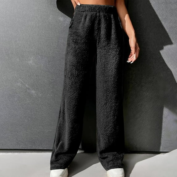 Womens Fleece Wide Leg Sweatpants Winter High Waisted Baggy Lounge Pants Drawstring Athletic Flared Joggers with Pockets Black L