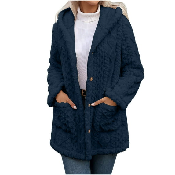 Womens Fleece Winter Jacket Long Sleeve Warm Fuzzy Sherpa Button Up Hooded Cardigans Jacket Coats Outerwear