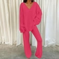 thumbnail image 1 of Womens Fleece Winter Pajamas Sets Clearance,2 Piece Lounge Sets for Women Loose V Neck Wide Leg Knit Sweater Set Solid Sweatsuit Spring Outfits, 1 of 7