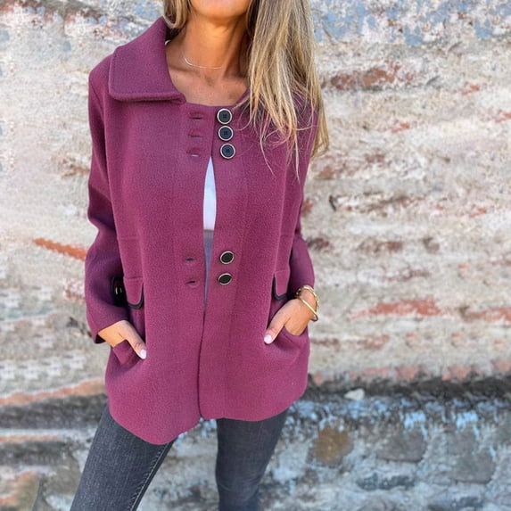 Womens Fleece Wool Blend Coat Button Up Lapel Collar Vintage Casual Trench Jacket with Pockets Long Sleeve Outwear (S, Purple)