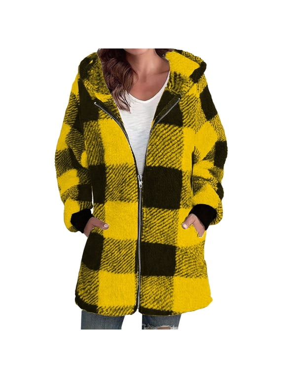Womens Fleece Zip Up Jacket Oversized Long Sherpa Hoodie Warm Fuzzy Jackets Flannel Plaid Plush Coats,Fluffy Teddy Coat,Thermal Lined for Fall Winter Outdoor Activities,Side Pockets,Long Sleeves