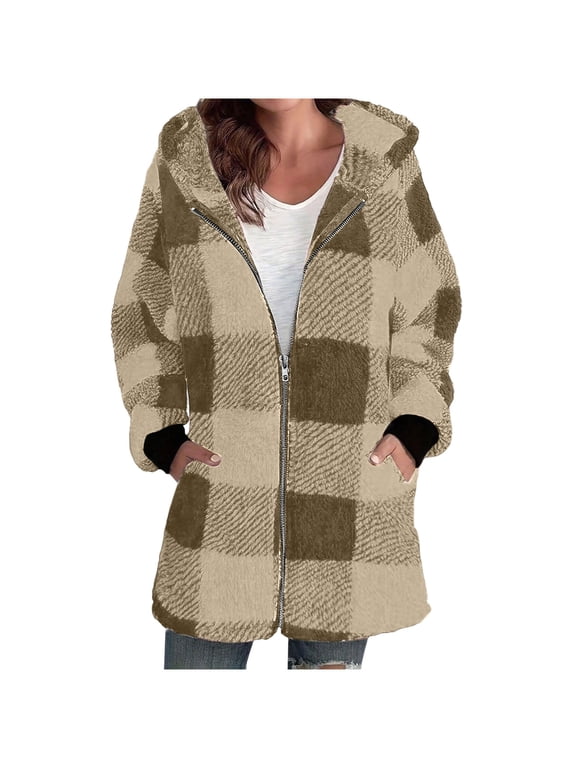 Womens Fleece Zip Up Jacket Oversized Long Sherpa Hoodie Warm Fuzzy Jackets Flannel Plaid Plush Coats,Fluffy Teddy Coat,Thermal Lined for Fall Winter Outdoor Activities,Side Pockets,Long Sleeves
